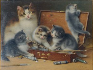 Moederkat en haar kittens spelen in een verfdoos