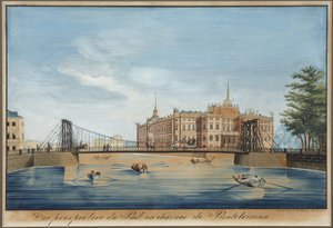 Uitzicht op de Ketting Panteleimonovsky Brug en het Mikhailovsky Kasteel over de Fontanka in Sint-Petersburg