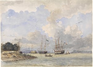 Maas voor Rotterdam, met een Amerikaans en Zweeds schip door Willem Anthonie van Deventer