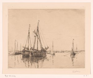 Haven met aangemeerde tweemaster door Willem Bastiaan Tholen (signed by artist)