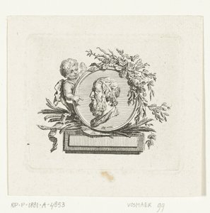 Buste van Homerus op medaillon door engeltje vastgehouden en met bloemen en palmtakken versierd door Willem Bilderdijk
