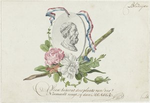 Vignet met bloemen, portretmedaillon en lint door Willem Bilderdijk