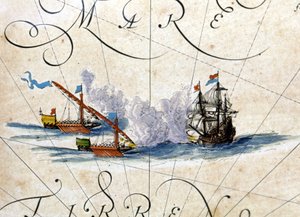 Slag tussen twee galeien en een kraak. Atlas door Willem Janszoon Blaeu (1571 - 1638)