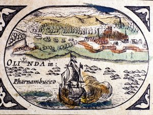 Brazilië, uitzicht op Pernambuc (Recife), Atlas door W. G. Blaeu, Amsterdam 1600. door Willem Blaeu