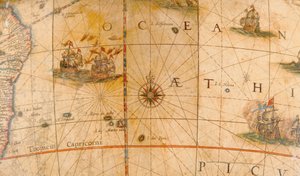 Detail van vechtende schepen in de Atlantische Oceaan van een aardse globe 1645/48 door Willem Blaeu