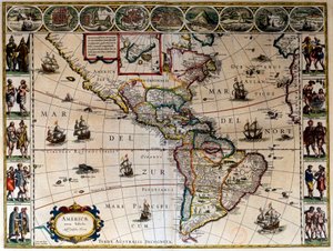 Geografische kaart van Amerika. In "Le theatre du monde ou le nouvel atlas Amsterdam" geproduceerd door Willem Janszoon Blaeu (1571-1638)