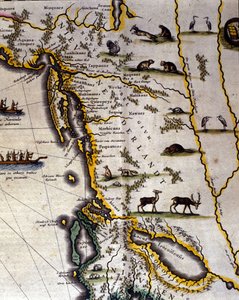 Geografische kaart van de 17e-eeuwse Nederlandse Atlas door Wilhelm Blaeu (1571-1638) met Amerikaanse en Canadese gebieden. Het noorden is onder volgens middeleeuwse gewoonte. door Willem Blaeu
