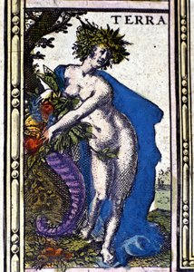 De Aarde, een van de vier elementen vertegenwoordigd in de Atlas van W. Blaeu gedrukt in Amsterdam in 1655. door Willem Blaeu