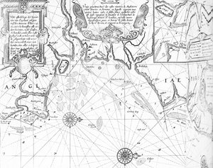 De monding van de Theems uit de Sea-Mirrour atlas door Willem Janszoon Blaeu, gepubliceerd in Amsterdam in 1633
