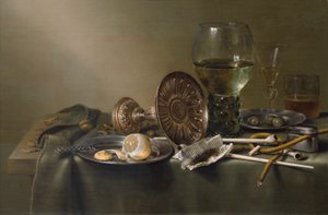 Stilleven met glazen en tabak door Willem Claesz. Heda