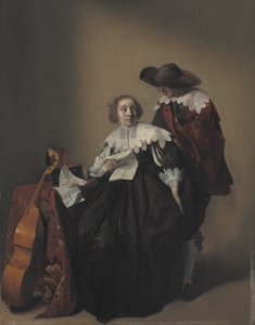 Een Zittende Vrouw met een Brief, een Heer Staand naast Haar door Willem Cornelisz Duyster