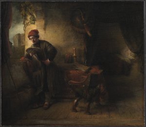 Staande jonge man bij het raam in zijn studeerkamer lezend, bekend als 
