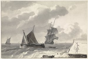 Zeilschepen op woelig water voor de kust