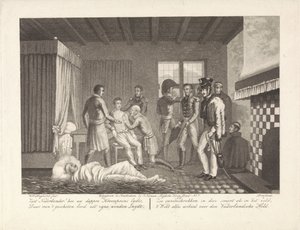 Prins van Oranje na zijn verwonding onder medische behandeling in het veldhospitaal, 1815 door Willem Hendrik Hoogkamer