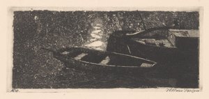 Achtersteven en roeiboot door Willem Jansen (graveur) (signed by artist)