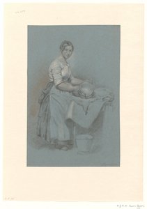 Dienstmaagd staande bij tafel met koperen pan door Willem Johannes Adrianus Wijnandus Voorn Boers