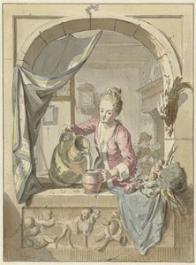 Vrouw schenkt melk uit een kan, in een venster door Willem Joseph Laquy
