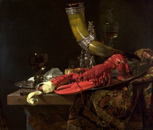 Stilleven met de drinkhoorn van het St. Sebastiaansgilde, kreeft en glazen