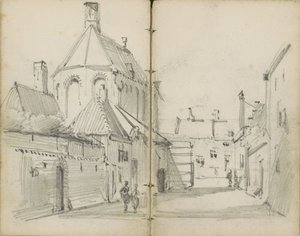 Dorpsstraat met een kerk en figuren door Willem Koekkoek