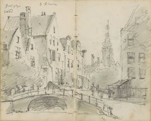 Stadsgezicht met een brug over een gracht en een kerktoren door Willem Koekkoek