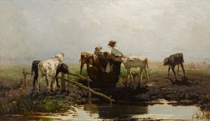 Dutch: Kalveren aan een poel Calves at a trough door Willem Maris