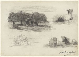Vier schetsen van hooiwagens en koeien door Willem Maris