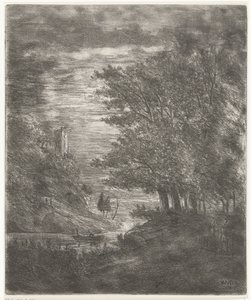 Heuvellandschap met ruïne en bootje op water bij maanlicht door Willem Matthias Jan van Dielen