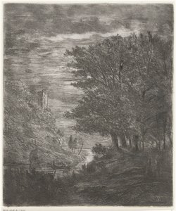Heuvellandschap met ruïne en bootje op water bij maanlicht door Willem Matthias Jan van Dielen