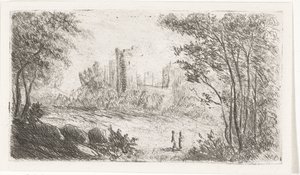 Landschap met ruïne van kasteel en twee figuren door Willem Matthias Jan van Dielen