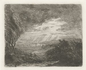 Landschap met twee figuren bij storm en regen door Willem Matthias Jan van Dielen