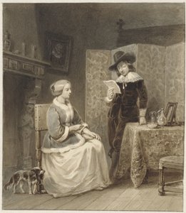 Historisch interieur met zittende vrouw en staande, lezende man