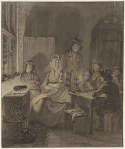 Interieur met groep mensen rond tafel bij kaarslicht