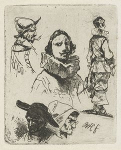 Studieblad met soldaten en een oude vrouw door Willem Pieter Hoevenaar
