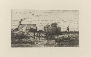 Gezicht op een boerderij aan het water door Willem Roelofs (I)