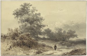 Landschap met bossage en een figuur op een landweg door Willem Roelofs (I)
