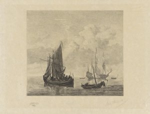 Zeilschepen op kalme zee door Willem Steelink (II) (signed by artist)