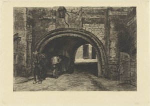 Voertuig met paard onder een oude poort door Willem Steelink (II)