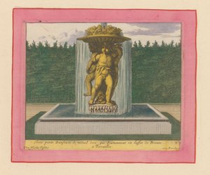 Brunnen mit einer Statue von drei tanzenden Putti, die eine Schale über ihren Köpfen tragen door Willem Swidde