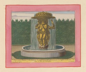 Brunnen mit einer Statue von drei Musikern, die eine Schale über ihren Köpfen tragen door Willem Swidde