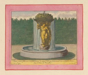 Brunnen mit einer Statue von drei Frauen, die einen Korb über ihren Köpfen tragen door Willem Swidde