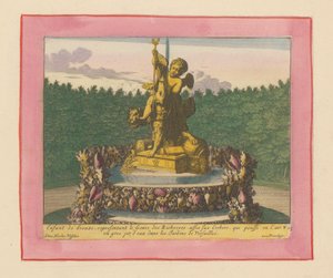 Brunnen mit einem Putto als Personifikation des Reichtums, sitzend auf Cerberus door Willem Swidde