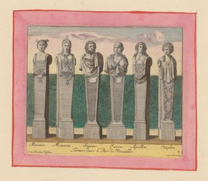 Hermes von Merkur, Minerva, Jupiter, Juno, Apollo und Daphne door Willem Swidde