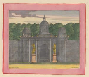 Pavillon aus Lattenwerk mit Musikerstatuen in den Gärten von Versailles door Willem Swidde