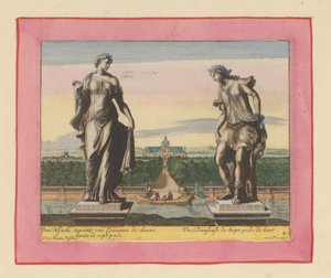 Statuen einer Nymphe mit Lorbeerkranz und einer Tänzerin door Willem Swidde
