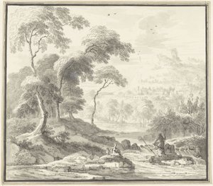 Idyllisch heuvellandschap met vrouwen aan een stroom door Willem Troost (I)
