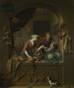 Vrouw en visverkoper in de keuken door Willem Van Mieris