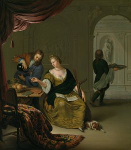 De Verwaarloosde Luit Een Dame met een Luit die Wijn Drinkt in een Rijk Interieur, 1705
