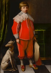 Portret van een achtjarige jongen met een Whippet op een dambordvloer