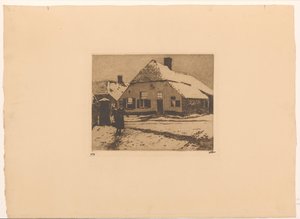 Besneeuwde huizen aan een weg in Ede door Willem Witsen (signed by artist)