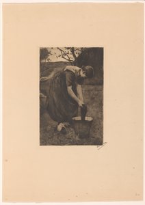 Boerin wast textiel in een emmer door Willem Witsen (signed by artist)